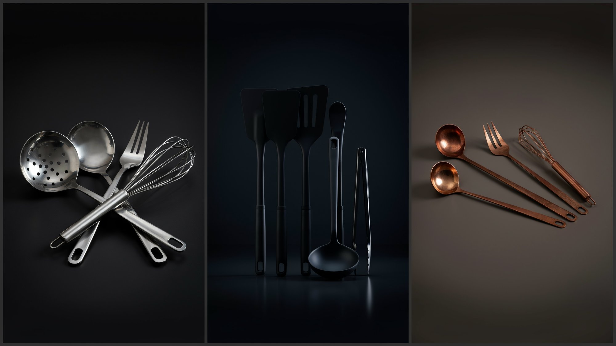 Set di strumenti da cucina professionale su sfondo scuro